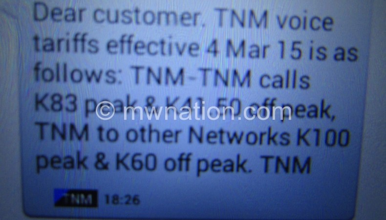 One of the text TNM showing tariff hike