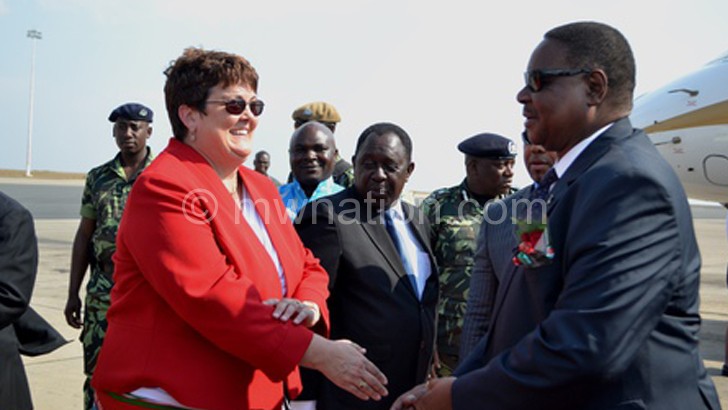 Mutharika and Palmer during an earlier meet: Her government wants Malawi to respect international commitments