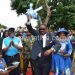 Mutharika reacts after cutting the ribbon to mark the commissioning of Mangochi Water Treatment plant