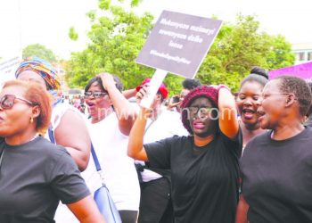 Activists stand against sexual abuse perpetrated 
by police officers at Msundwe